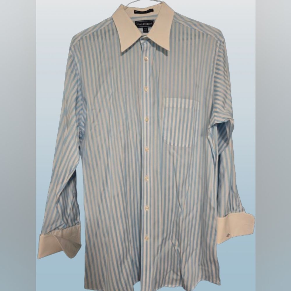 Paul Fredrick White and Blue stripe Dress Shirt Sz 17 Neck 33 Arm.